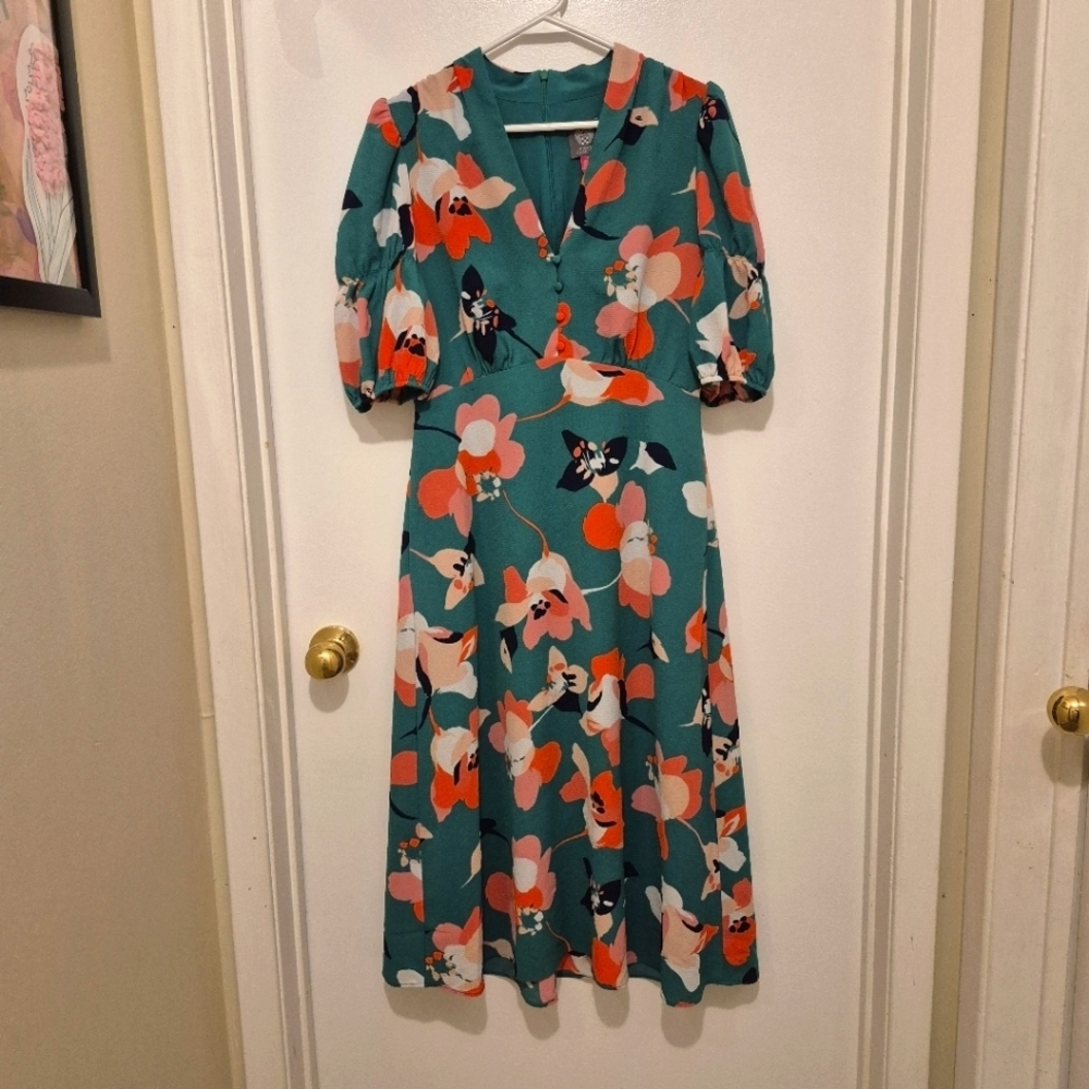 VINCE CAMUTO Pebble Crepe Vintage Floral Midi Dress Puff Sleeves Pockets Size 6